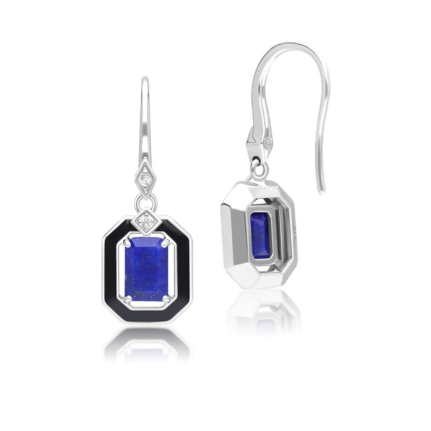 Boucles d'oreilles pendantes Grand Deco en argent sterling, émail noir, lapis-lazuli et topaze