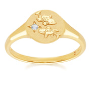 Anello con sigillo dello zodiaco Pesci in oro giallo da 9 ct con acquamarina