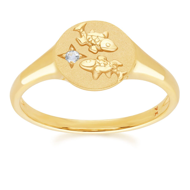 Anello con sigillo dello zodiaco Pesci in oro giallo da 9 ct con acquamarina