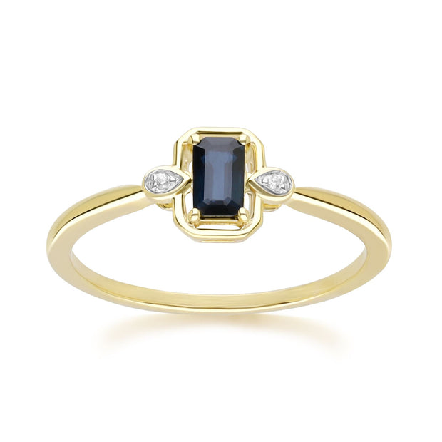 Anello classico in oro giallo 9 carati con zaffiri baguette e diamanti