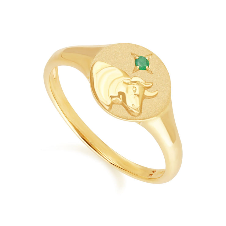 Anello con sigillo dello zodiaco Toro in oro giallo da 9 ct con uno smeraldo