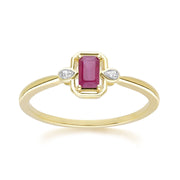 Anello classico in oro giallo 9 carati con rubino baguette e diamanti