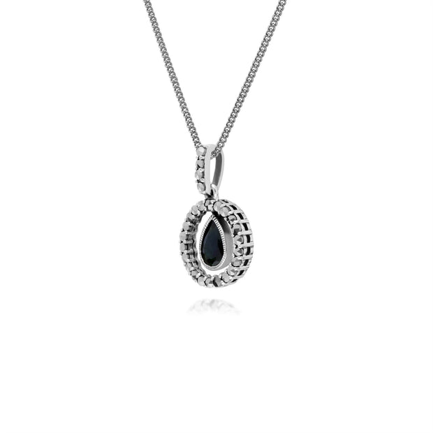 Collana in argento sterling con gocce d'acqua, zaffiri e marcasite rotonda da 45 cm