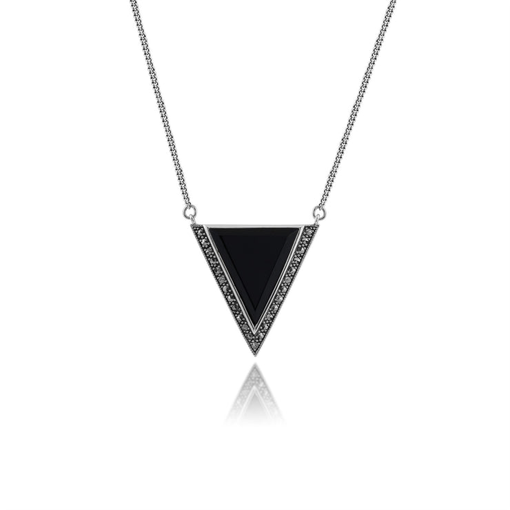 Collana Triangolo Stile Art Déco Argento 925 Onice Nero e Marcasite