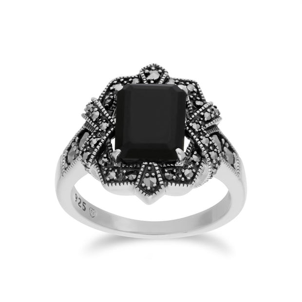 Anello in argento 925 in stile Art Déco con onice nero baguette e marcasite