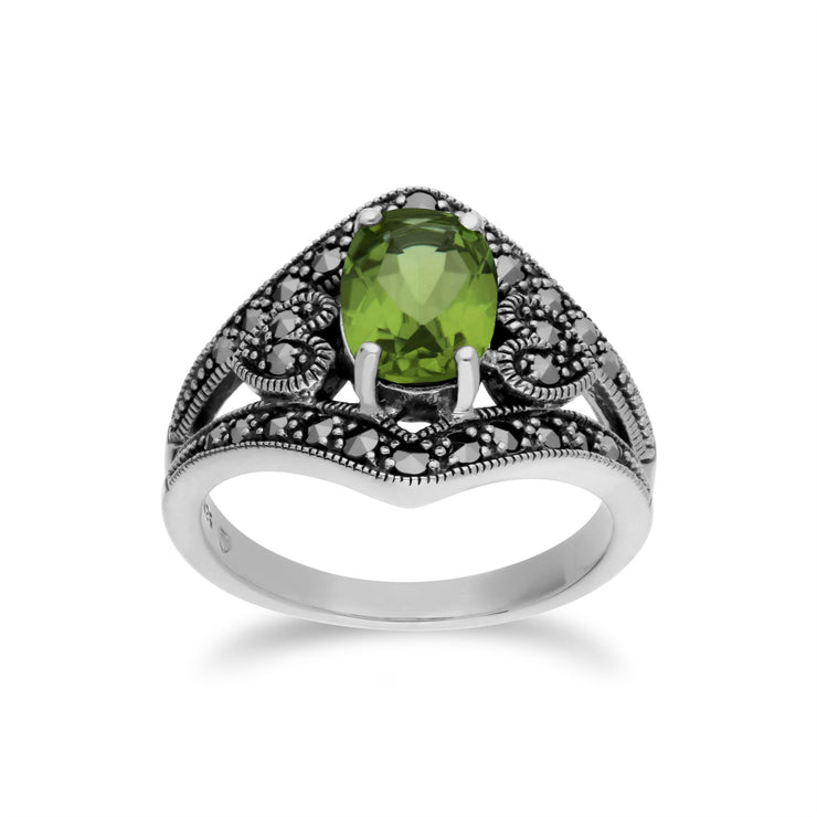 Anello Gemondo con peridoto, anello ovale in stile Art Nouveau con peridoto e marcasite in argento sterling - Peridoto