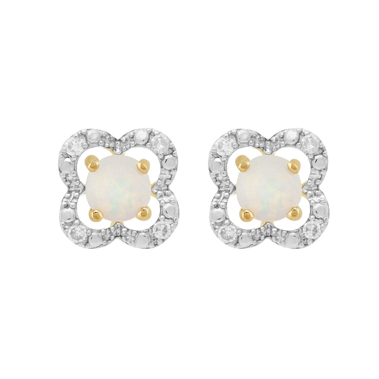 Orecchini classici con opale in oro giallo 375 e rivestimento per l'orecchio con fiori di diamanti