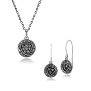 Orecchini pendenti e ciondolo stile Rennie Mackintosh in argento 925 con marcasite rosa Glasgow rotonda