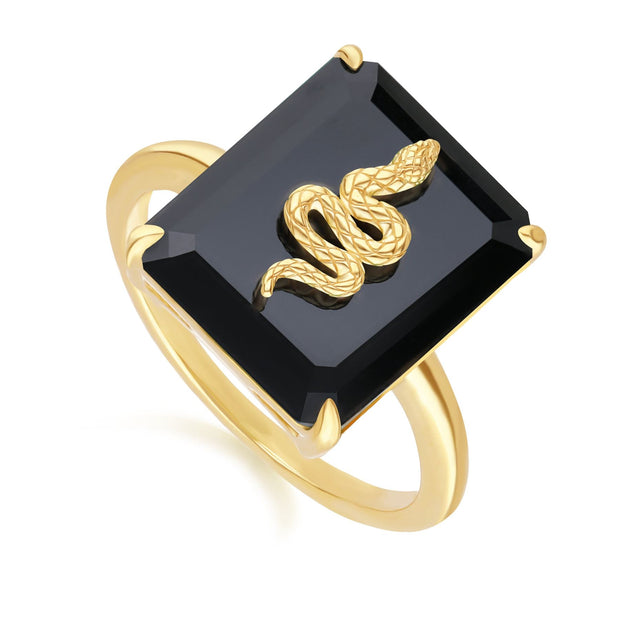 Anello grande serpente decorativo in onice nero in argento placcato oro fino