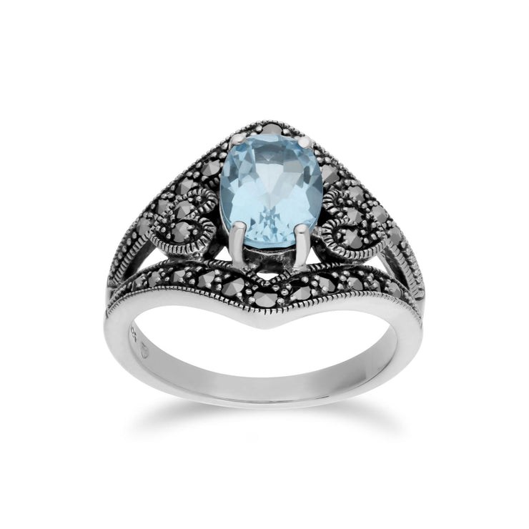 Anello con topazio Gemondo, topazio blu in argento sterling e anello ovale in stile Art Nouveau con marcasite - TOPAZIO