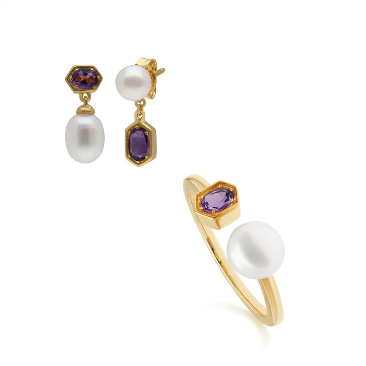Anello e orecchini con perle moderne Argento 925 placcato oro Ametista e perla