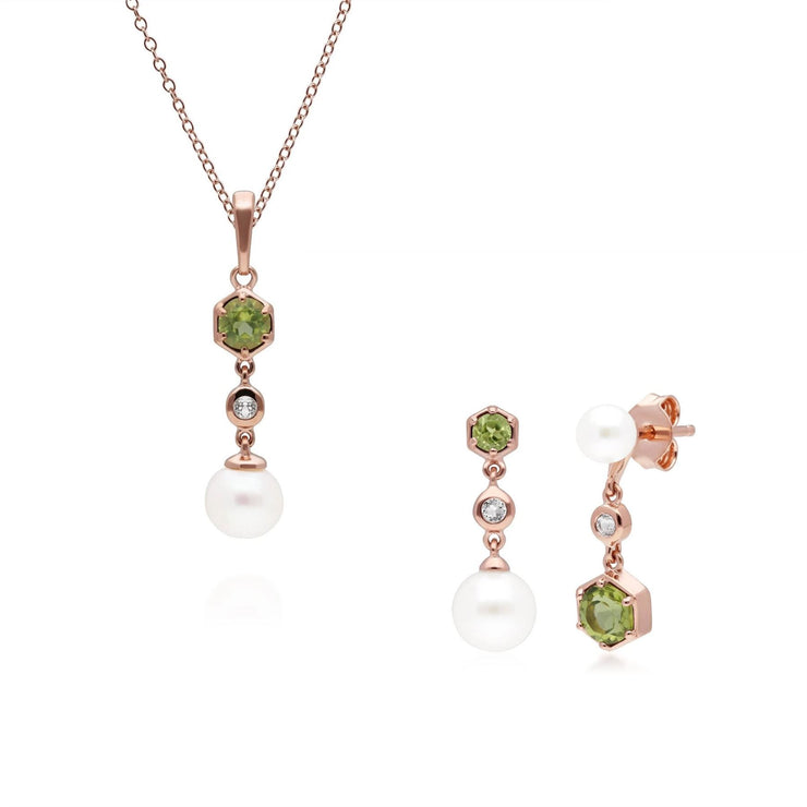 Ciondolo e orecchini con perle moderne Argento 925 placcato oro rosa Peridoto, topazio e perla