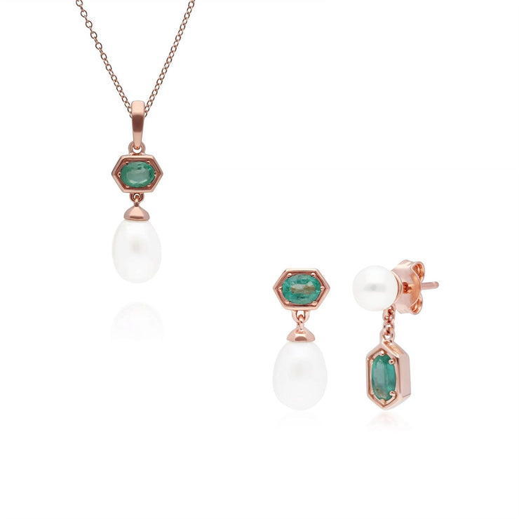 Ciondolo e orecchini di perle moderne Argento 925 placcato oro rosa Smeraldo e perla