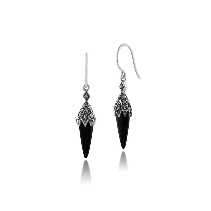 Collana e orecchini con pendente in stile Art Déco Argento 925 Cabochon di onice nero e marcasite