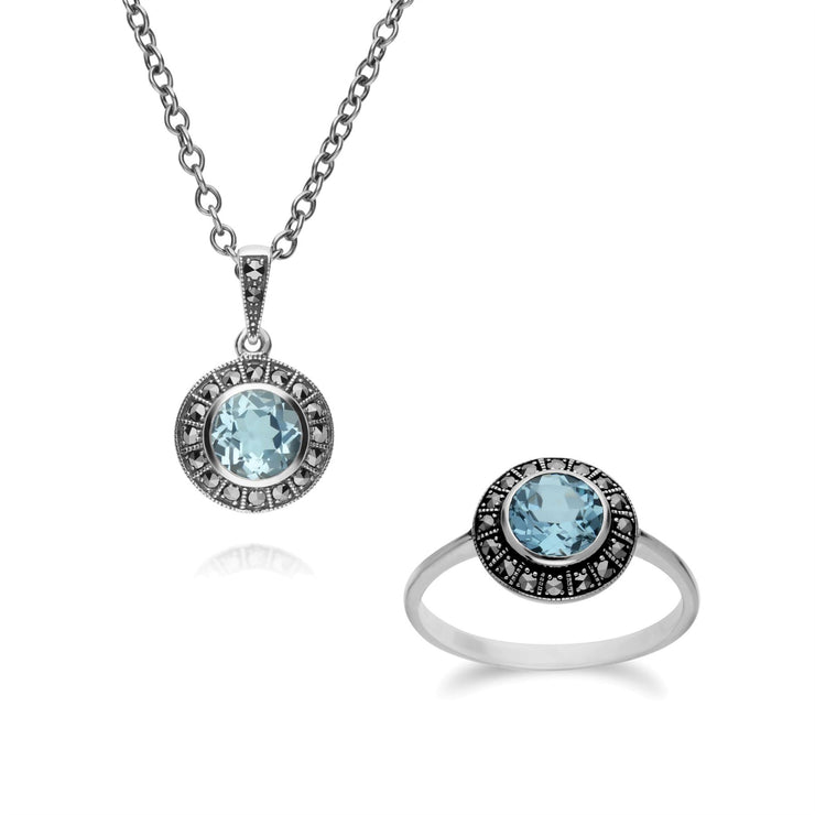 Ciondolo e anello in stile Art Déco Argento 925 con topazio azzurro e grappolo rotondo di marcasite