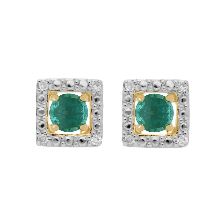 Orecchini classici con smeraldi in oro giallo 375 e rivestimento per l'orecchio con diamanti quadrati