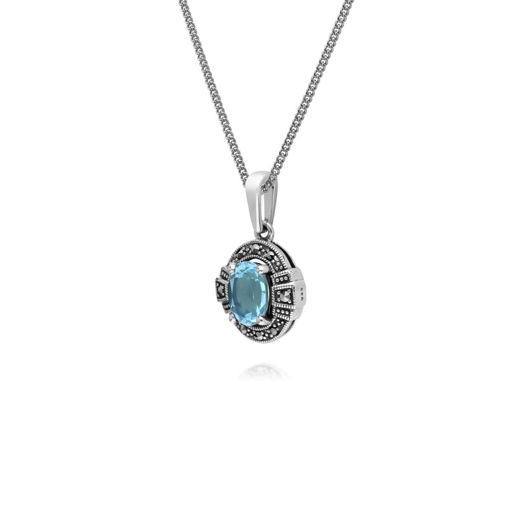 Collana in argento sterling ovale con topazio azzurro e marcasite da 45 cm