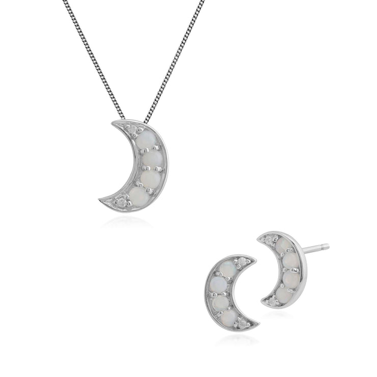 Ciondolo e orecchini classici a forma di mezzaluna e orecchini in oro bianco 375 con opale rotondo e diamante