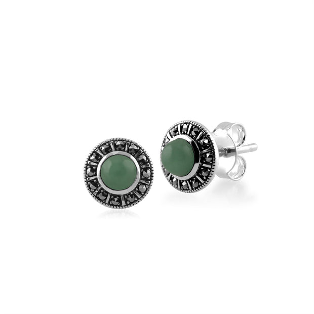 Orecchini in stile Art Déco in argento 925 con giada verde e marcasite Halo