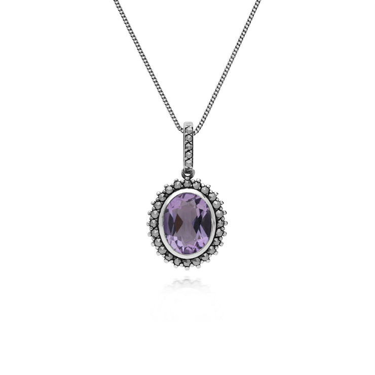 Ciondolo e orecchini in stile Art Déco Argento 925 con ametista ovale e aureola di marcasite