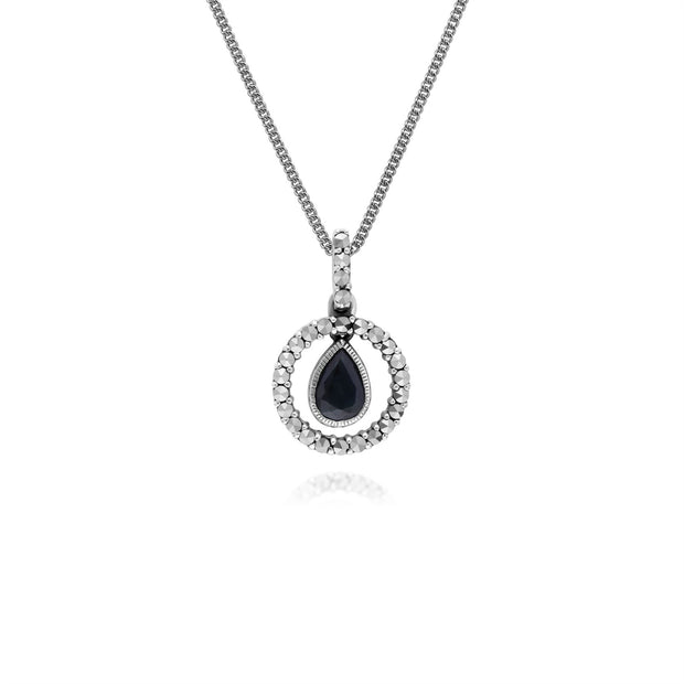 Collana in argento sterling con gocce d'acqua, zaffiri e marcasite rotonda da 45 cm