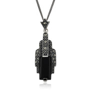 Collana in stile Art Déco in argento 925 con cabochon rotondo in onice nero e marcasite