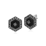 Orecchini esagonali in argento sterling con onice nero e marcasite