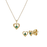 Ciondolo e orecchini classici a forma di cuore con smeraldo in oro giallo 375
