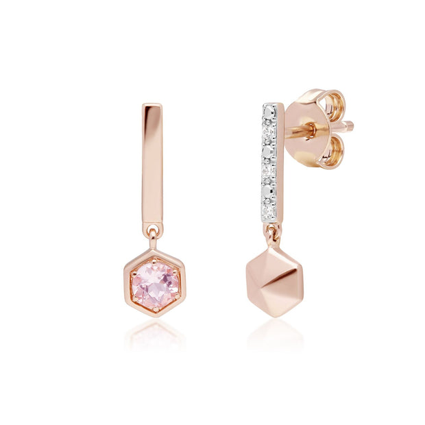 Mini orecchini pendenti asimmetrici in oro rosa 375 con Morganite e diamanti