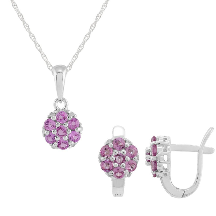 Ciondolo e orecchini a cerchio floreali in argento 925 con zaffiro rosa e diamanti