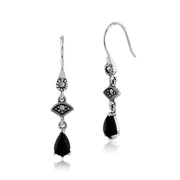 Orecchini pendenti in stile Art Déco in argento 925 con cabochon in onice nero e marcasite