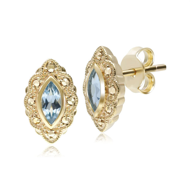 Boucles d'Oreilles Clou Topaze Bleue Marquise et Marcassite