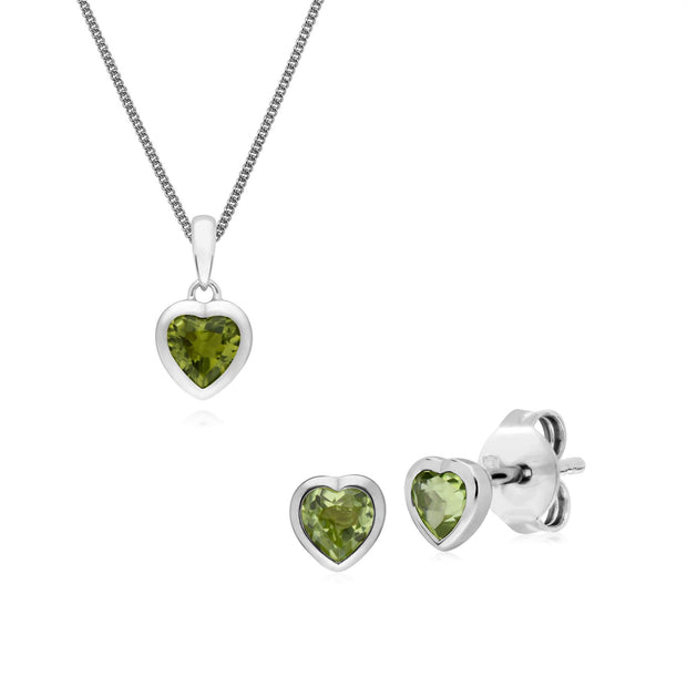 Ciondolo e orecchini classici a forma di cuore in argento sterling 925 con peridoto