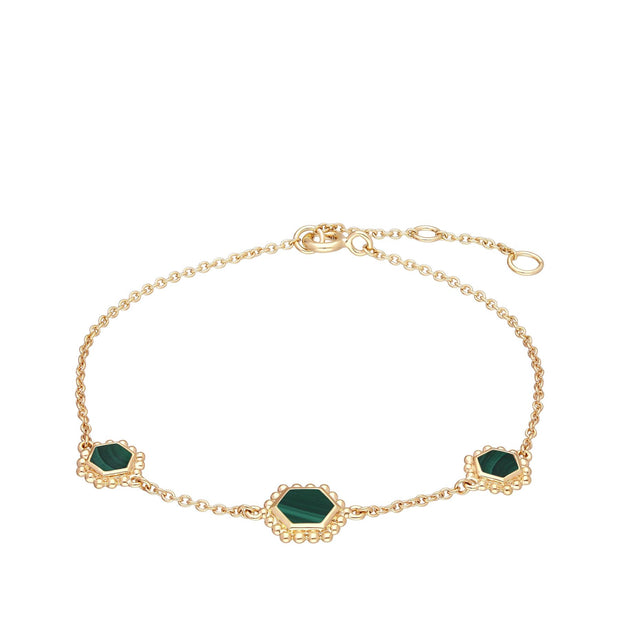 Bracciale a catena esagonale a fetta piatta in argento 925 placcato in oro con malachite