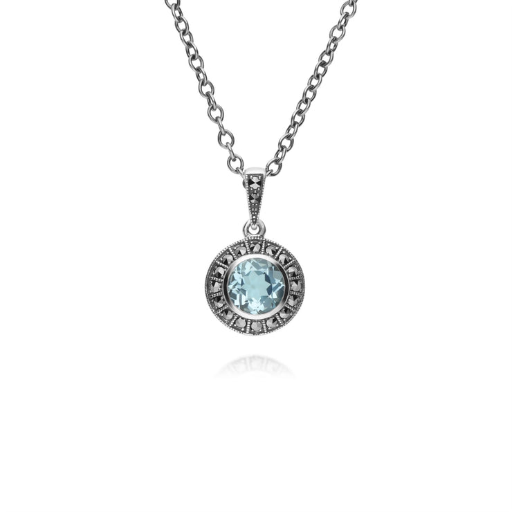 Ciondolo e anello in stile Art Déco Argento 925 con topazio azzurro e grappolo rotondo di marcasite