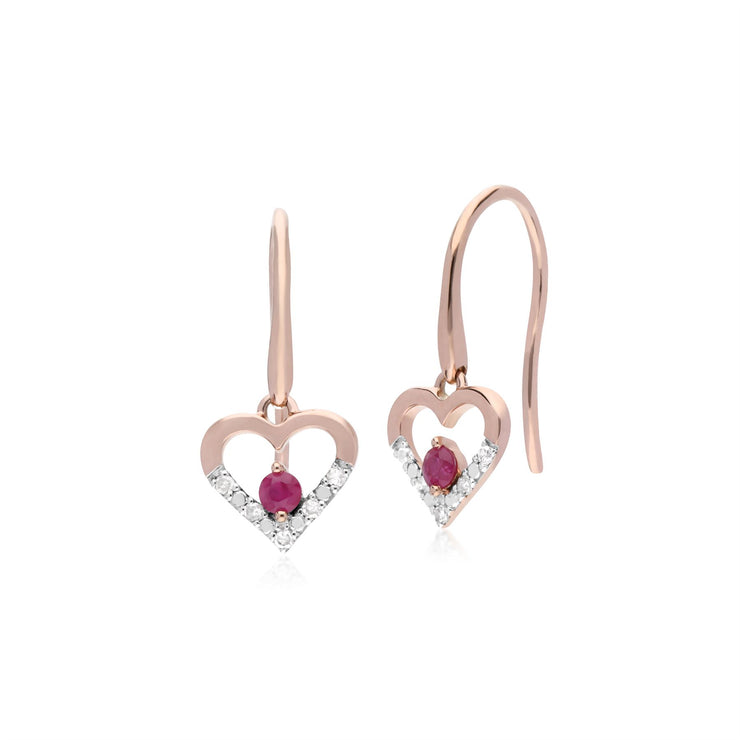 Orecchini a cuore aperto unici con rubini e diamanti in oro rosa da 9 ct