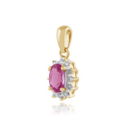 Classico pendente a grappolo e orecchini a bottone in oro giallo 375 ovale con zaffiro rosa e diamanti