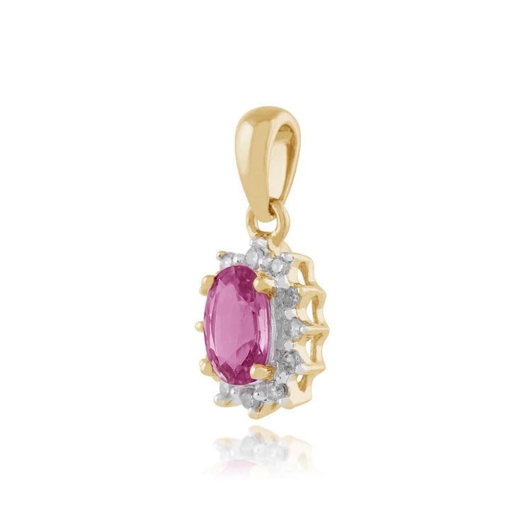 Classico pendente a grappolo e orecchini a bottone in oro giallo 375 ovale con zaffiro rosa e diamanti