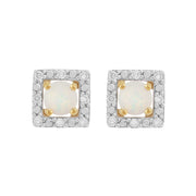 Orecchini a bottone classici con opale in oro giallo 375 e rivestimento per l'orecchio con diamanti quadrati