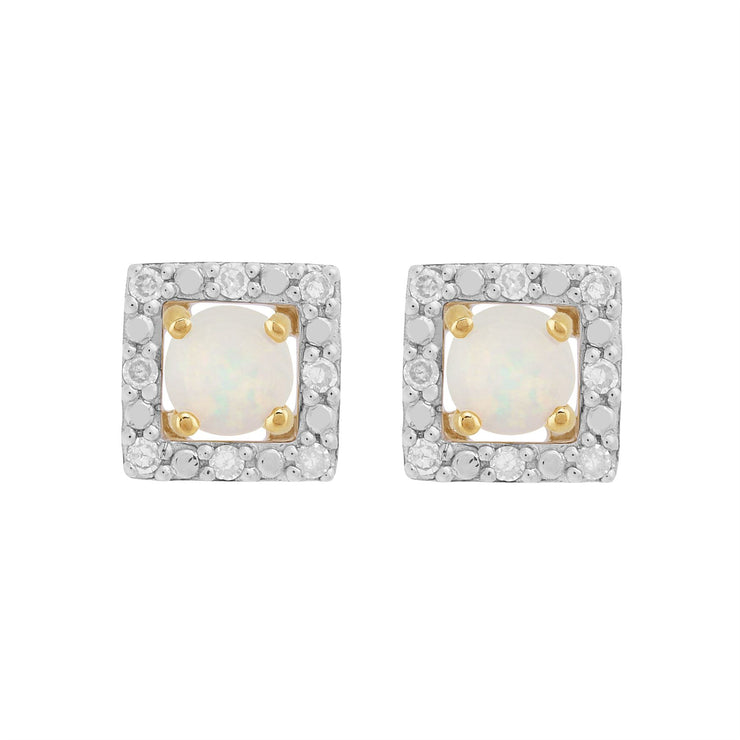 Orecchini a bottone classici con opale in oro giallo 375 e rivestimento per l'orecchio con diamanti quadrati