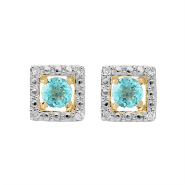 Orecchini a bottone classici in apatite in oro giallo 375 e rivestimento per orecchie con diamanti quadrati