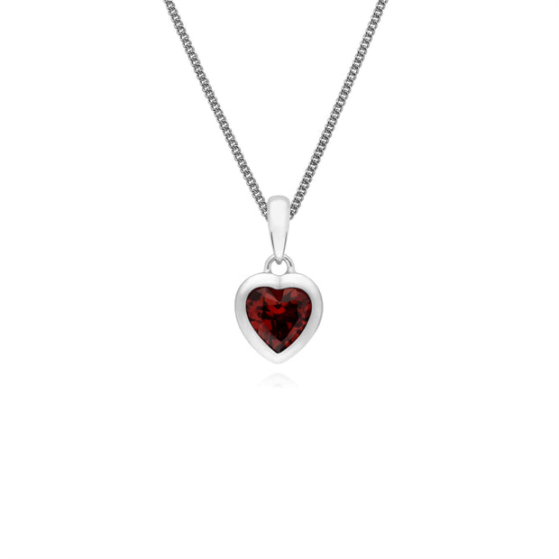 Ciondolo Collana granato a forma di cuore pietra singola in argento sterling su catena da 45 cm