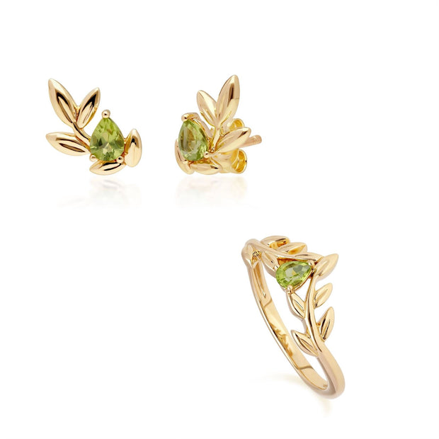 Anello e orecchini a Lobo O Leaf con peridoto in oro giallo 375