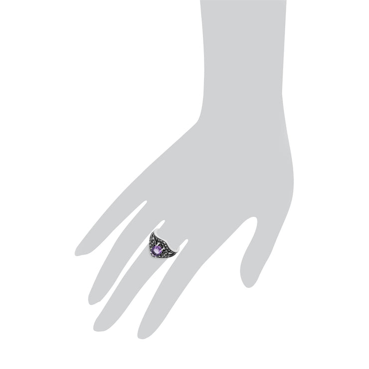 Anello Gemondo con ametista, anello in argento sterling con ametista e marcasite in stile Art Nouveau - Ametista
