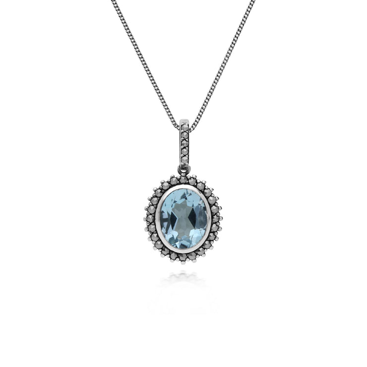 Collana con topazio, pendente ovale in argento sterling con topazio azzurro e marcasite con catena da 45 cm