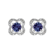 Orecchini a bottone classici con tanzanite in oro bianco 375 e rivestimento per orecchie con fiori di diamanti