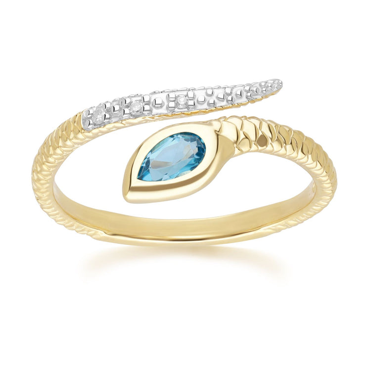 Anello ECFEW™ London con topazio blu e diamante serpente in oro giallo 9k