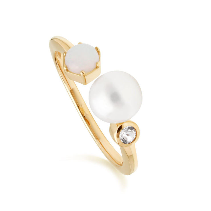 Anello aperto con perla moderna Argento 925 placcato oro Perla, opale e topazio bianco