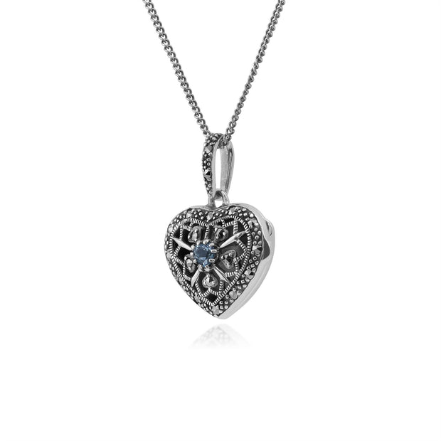 Collana Portafoto Cuore Stile Art Nouveau Argento 925 Acquamarina e Marcasite