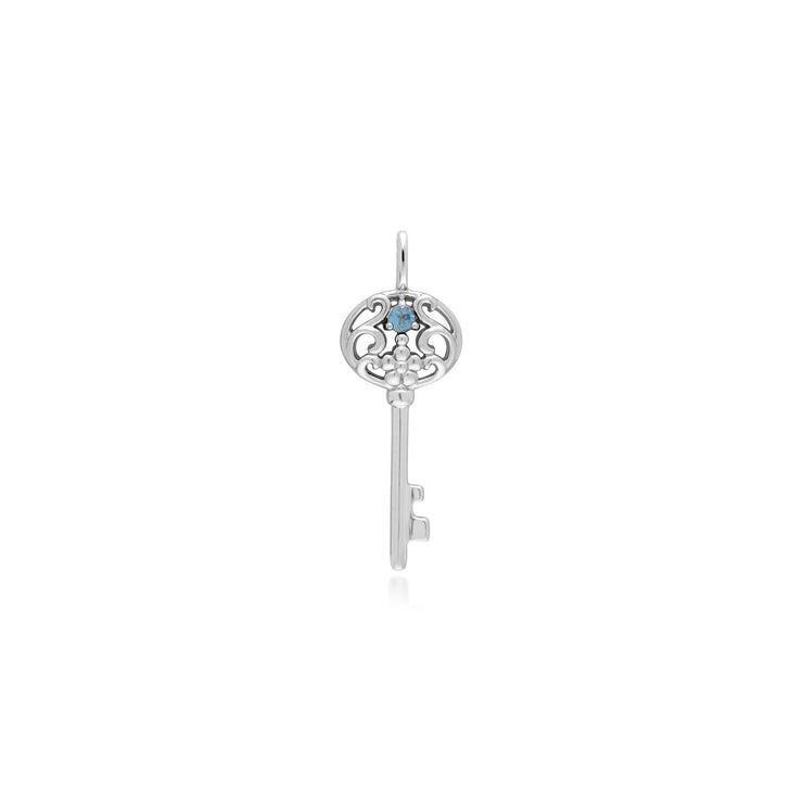 Classico ciondolo con lucchetto a cuore in argento 925 e grandi ciondoli chiave con topazio blu